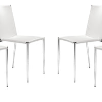 Set of Four White Faux Leather and Steel Standard Stackable Dining or Accent Chairs