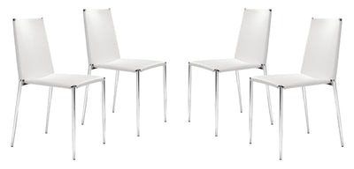 Set of Four White Faux Leather and Steel Standard Stackable Dining or Accent Chairs