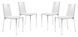 Set of Four White Faux Leather and Steel Standard Stackable Dining or Accent Chairs
