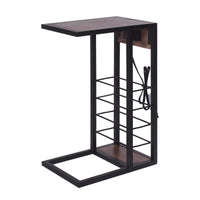 Modern Dark Wood and Metal End or Side Table with USB and Storage Rack