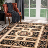 7’ x 9’ Black and Beige Traditional Geometric Area Rug