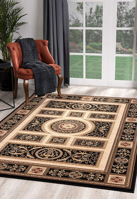 7’ x 9’ Black and Beige Traditional Geometric Area Rug