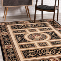 7’ x 9’ Black and Beige Traditional Geometric Area Rug