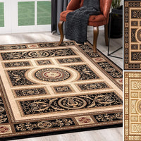 7’ x 9’ Black and Beige Traditional Geometric Area Rug