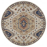 8’ Round Gold and Blue Boho Chic Area Rug