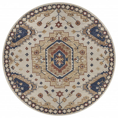 8’ Round Gold and Blue Boho Chic Area Rug