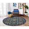 5’ Round Blue Bordered Floral Motifs Area Rug