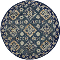 5’ Round Blue Bordered Floral Motifs Area Rug
