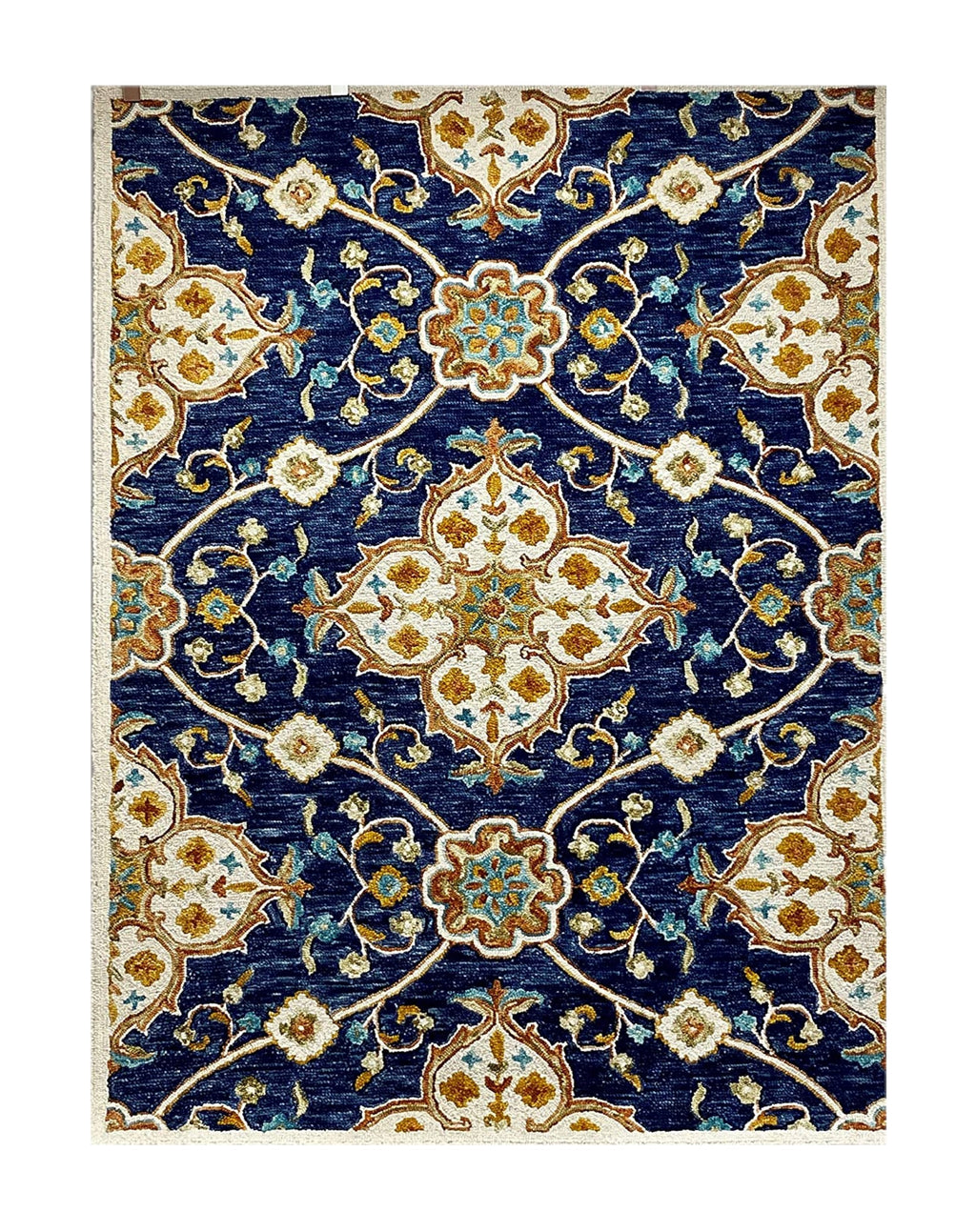 7’ x 9’ Blue and Gold Intricate Floral Area Rug
