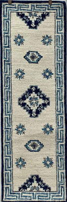 2’ x 7’ Blue and Cream Bordered Runner Rug