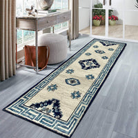 2’ x 7’ Blue and Cream Bordered Runner Rug