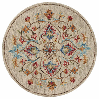 4’ Round Beige Floral Medallion Area Rug