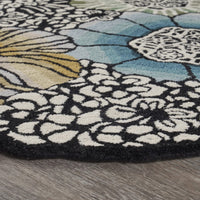 6’ Round Blue and Black Floral Area Rug