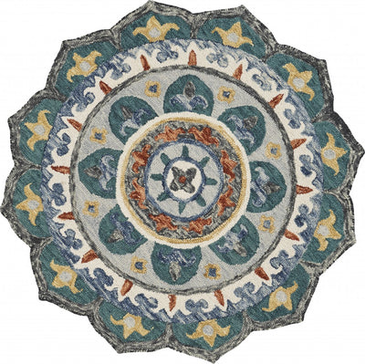4’ Round Teal Decorative Floral Area Rug