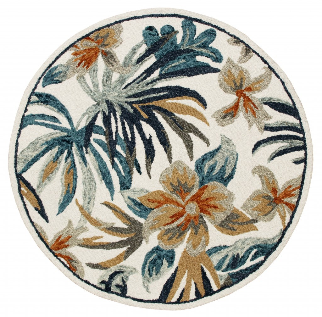 4’ Round Blue and White Tropical Area Rug