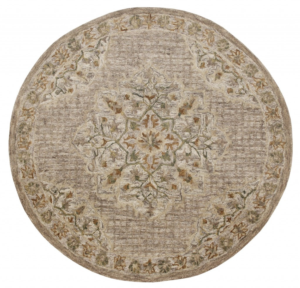 6’ Round Beige Distressed Medallion Area Rug