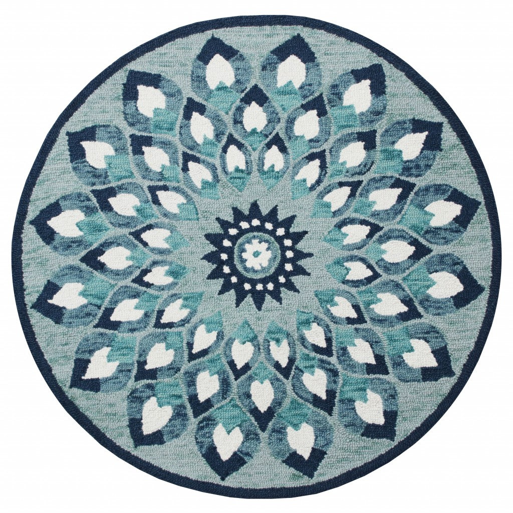 4’ Round Blue and White Floral Feather Area Rug
