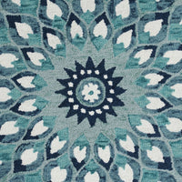 4’ Round Blue and White Floral Feather Area Rug