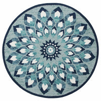 6’ Round Blue and White Floral Feathers Area Rug