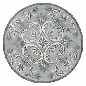 6’ Round Gray and White Filigree Area Rug