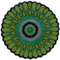 8’ Round Green Peacock Feather Area Rug