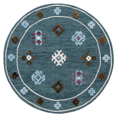 5’ Round Blue Bordered Motif Area Rug