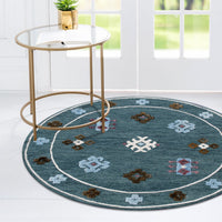 5’ Round Blue Bordered Motif Area Rug