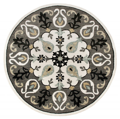 5’ Round Gray and White Floral Medallion Area Rug