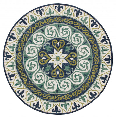 5’ Round Blue and Green Ornate Medallion Area Rug