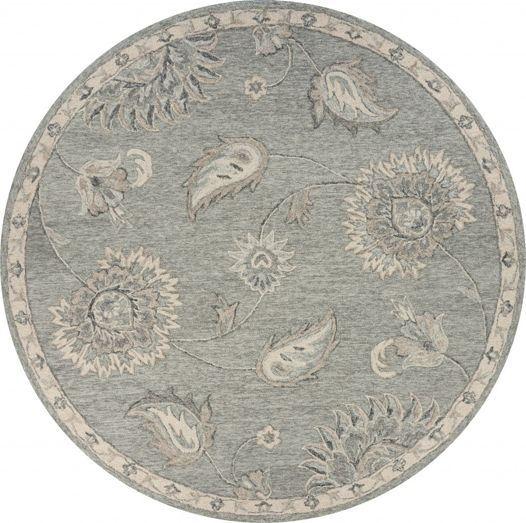 7’ Round Light Gray Floral Area Rug