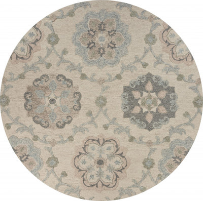 5’ Round Ivory Intricate Floral Area Rug