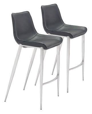 Set of Two Black Faux Leather and Steel Modern Stitch Bucket Bar Chairs