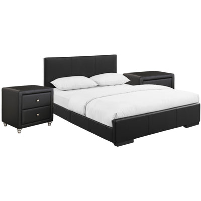 Black Upholstered Platform Queen Bed with Two Nightstands