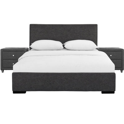 Grey Upholstered Platform Queen Bed with Two Nightstands