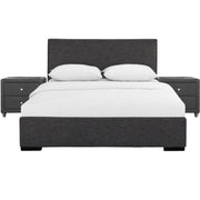 Grey Upholstered Platform King Bed with Two Nightstands