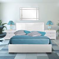 White Upholstered Platform Queen Bed with Two Nightstands