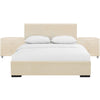 Beige Upholstered Platform Queen Bed with Two Nightstands