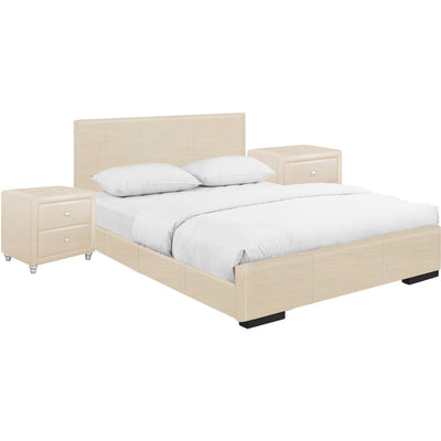 Beige Upholstered Platform Queen Bed with Two Nightstands