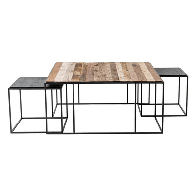 Set of Three Black and Brown Reclaimed Wood And Iron Nested Coffee Tables