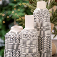 14" Black and Cream Organic Glaze Chevron Embossed Ceramic Vase