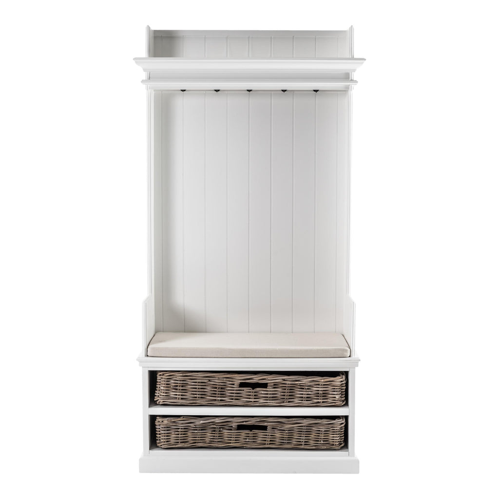 Classic White Entryway Coat Rack and Bench with Baskets