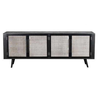 Rustic Black Natural and Rattan Media Cabinet with Four Doors