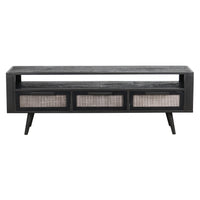 Rustic Black and Rattan TV Stand with Three Drawers