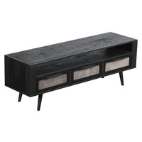 Rustic Black and Rattan TV Stand with Three Drawers