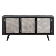 Rustic Black and Rattan Media Cabinet with Three Doors
