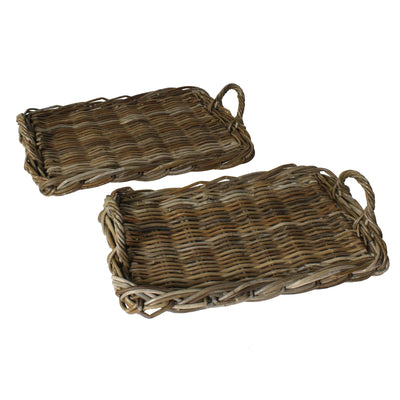 Set of Two Gray and Brown Rattan Trays