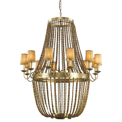 Anastasia 6-Light Antique Gold Leaf Chandelier With Wooden Beaded Chains And Gold Fabric Shades