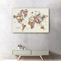 36" x 24" Fun Floral Map of the World Canvas Wall Art