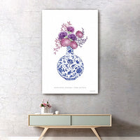 24" x 16" Blue and White Happiness Floral Vase Canvas Wall Art