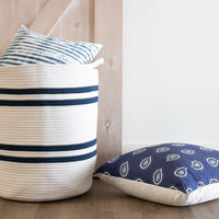 19" Ivory and Navy Stripe Cotton Woven Rope Basket